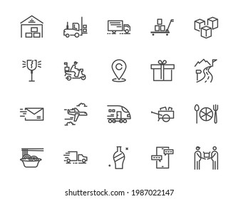 Icono de línea delgada conjunto de alimentos y productos de entrega y relacionados, icono perfecto de 48x48 píxeles, trazo editable fondo blanco