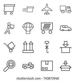 thin line icon set : delivery, plane, truck, courier, parachute, car shipping, trolley, cargo top sign, do not hook, package, search, pickup