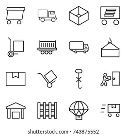 thin line icon set : delivery, truck, box, cargo stoller, shipping, loading crane, package, trolley, do not hook sign, courier, warehouse, pallet, parachute, fast deliver