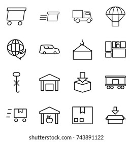 thin line icon set : delivery, truck, parachute, car shipping, loading crane, consolidated cargo, do not hook sign, warehouse, package, railroad, fast deliver