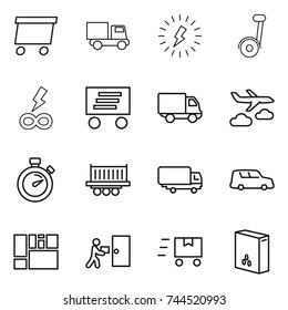 thin line icon set : delivery, truck, lightning, segway, infinity power, journey, stopwatch, shipping, car, consolidated cargo, courier, fast deliver, cereals