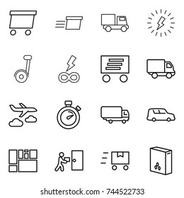 thin line icon set : delivery, truck, lightning, segway, infinity power, journey, stopwatch, shipping, car, consolidated cargo, courier, fast deliver, cereals