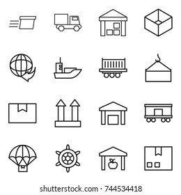 thin line icon set : delivery, truck, warehouse, box, sea shipping, loading crane, package, cargo top sign, railroad, parachute, handwheel