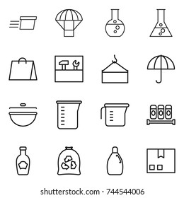 thin line icon set : delivery, parachute, round flask, shopping bag, tools, loading crane, dry cargo, cauldron, measuring cup, spices, ketchup, garbage, cleanser, package