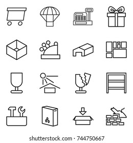 thin line icon set : delivery, parachute, cashbox, gift, box, warehouse, consolidated cargo, fragile, sun potection, broken, rack, repair tools, cereals, package, construct garbage