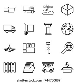 thin line icon set : delivery, truck, weather management, box, cargo stoller, airport tower, globe, plane, consolidated, do not hook sign, search, pallet, cruise ship, car wash, package