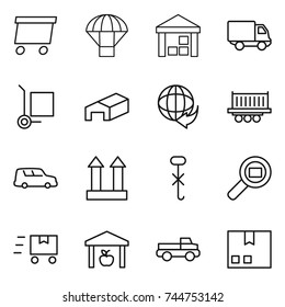 thin line icon set : delivery, parachute, warehouse, cargo stoller, truck shipping, car, top sign, do not hook, search, fast deliver, pickup, package