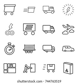 thin line icon set : delivery, truck, lightning, infinity power, journey, stopwatch, shipping, car, consolidated cargo, courier, fast deliver, cereals