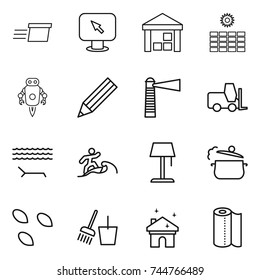 thin line icon set : delivery, monitor arrow, warehouse, sun power, jet robot, pencil, lighthouse, fork loader, lounger, surfer, floor lamp, steam pan, seeds, bucket and broom, house cleaning