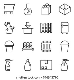 thin line icon set : delivery, round flask, shopping bag, box, cleanser, package, pallet, fridge, bucket, spices, barrel, sprayer, liquid soap