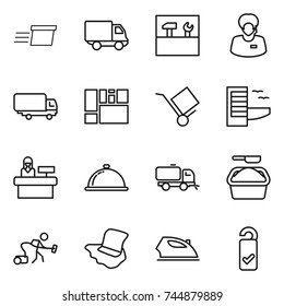 thin line icon set : delivery, tools, support manager, shipping, consolidated cargo, trolley, hotel, reception, meal cap, sweeper, washing powder, vacuum cleaner, floor, iron, please clean