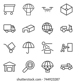 thin line icon set : delivery, parachute, drone, box, warehouse, scooter shipping, trolley, dry cargo, sun potection, courier, search, pickup