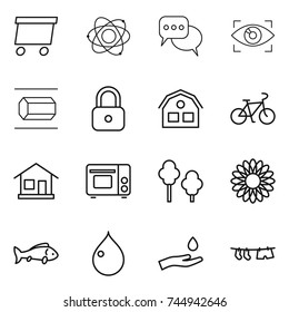 thin line icon set : delivery, atom, discussion, eye identity, nano tube, lock, house, bike, home, grill oven, trees, flower, fish, drop, hand and, drying clothe