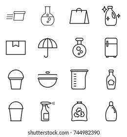thin line icon set : delivery, round flask, shopping bag, cleanser, package box, dry cargo, chemical, fridge, bucket, cauldron, measuring cup, ketchup, sprayer, garbage