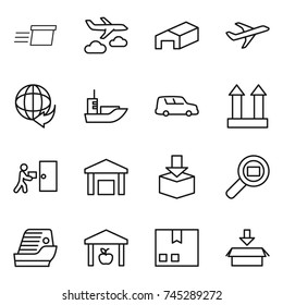 thin line icon set : delivery, journey, warehouse, plane, sea shipping, car, cargo top sign, courier, package, search, cruise ship
