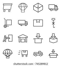 thin line icon set : delivery, parachute, box, cargo stoller, shipping, package, do not hook sign, courier, warehouse, fast deliver, pickup