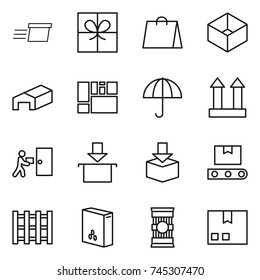 thin line icon set : delivery, gift, shopping bag, box, warehouse, consolidated cargo, dry, top sign, courier, package, transporter tape, pallet, cereals, pasta