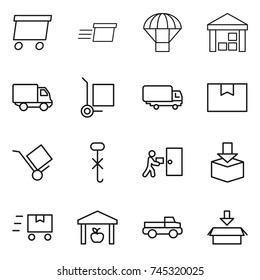thin line icon set : delivery, parachute, warehouse, cargo stoller, shipping, package box, trolley, do not hook sign, courier, fast deliver, pickup