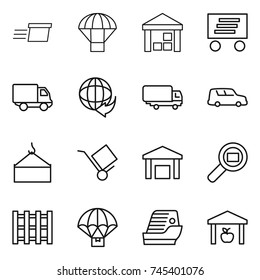 thin line icon set : delivery, parachute, warehouse, shipping, car, loading crane, trolley, cargo search, pallet, cruise ship