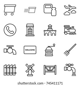 thin line icon set : delivery, scales weight, journey, phone, building, fort, train, water tap, welcome mat, hand mill, fork, fence, windmill, farm