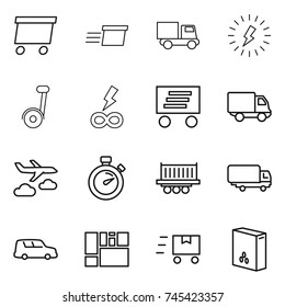 thin line icon set : delivery, truck, lightning, infinity power, journey, stopwatch, shipping, car, consolidated cargo, fast deliver, cereals