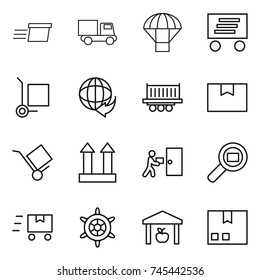 thin line icon set : delivery, truck, parachute, cargo stoller, shipping, package box, trolley, top sign, courier, search, fast deliver, handwheel, warehouse