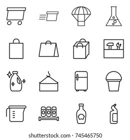 thin line icon set : delivery, parachute, flask, shopping bag, tools, cleanser, loading crane, fridge, bucket, measuring cup, spices, ketchup, toilet