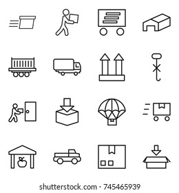 thin line icon set : delivery, courier, warehouse, truck shipping, cargo top sign, do not hook, package, parachute, fast deliver, pickup