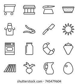 thin line icon set : delivery, market, cutting board, colander, apron, walnut crack, chef knife, gas oven, bank, croissant, berry, field, beet, jug, egg