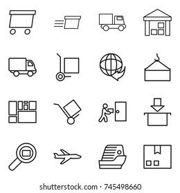 thin line icon set : delivery, truck, warehouse, cargo stoller, loading crane, consolidated, trolley, courier, package, search, plane, cruise ship