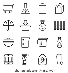 thin line icon set : delivery, flask, shopping bag, dry cargo, package, chemical, pallet, cauldron, measuring cup, ketchup, barrel, sprayer, garbage, trash bin