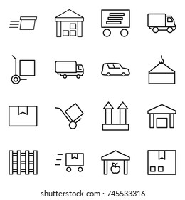 thin line icon set : delivery, warehouse, cargo stoller, shipping, car, loading crane, package box, trolley, top sign, pallet, fast deliver