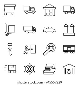 thin line icon set : delivery, truck, warehouse, cargo stoller, shipping, car, top sign, do not hook, courier, search, railroad, fast deliver, handwheel, cruise ship