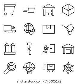 thin line icon set : delivery, warehouse, box, package, trolley, cargo top sign, do not hook, courier, search, parachute, fast deliver, handwheel