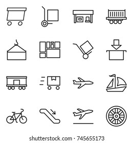 thin line icon set : delivery, cargo stoller, gas station, truck shipping, loading crane, consolidated, trolley, package, railroad, fast deliver, plane, sail boat, bike, escalator, departure, wheel