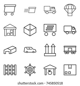 thin line icon set : delivery, truck, parachute, warehouse, box, car shipping, cargo top sign, railroad, pallet, handwheel, package
