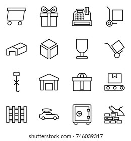 thin line icon set : delivery, gift, cashbox, cargo stoller, warehouse, 3d, fragile, trolley, do not hook sign, hi quality package, transporter tape, pallet, car baggage, safe, construct garbage