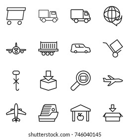 thin line icon set : delivery, truck, plane, shipping, car, trolley, do not hook sign, package, cargo search, airplane, cruise ship, warehouse