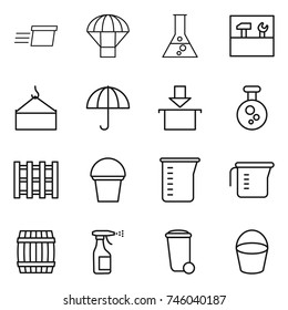 thin line icon set : delivery, parachute, flask, tools, loading crane, dry cargo, package, chemical, pallet, bucket, measuring cup, barrel, sprayer, trash bin