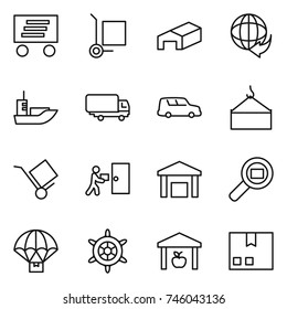 thin line icon set : delivery, cargo stoller, warehouse, sea shipping, car, loading crane, trolley, courier, search, parachute, handwheel, package