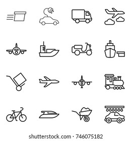 thin line icon set : delivery, electric car, journey, plane, sea shipping, scooter, port, trolley, train, bike, yacht, wheelbarrow, wash