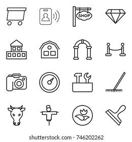 thin line icon set : delivery, pass card, shop signboard, diamond, cottage, house, arch, vip fence, camera, barometer, repair tools, rake, cow, scarecrow, ecology, scraper