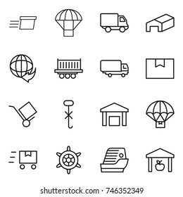 thin line icon set : delivery, parachute, warehouse, truck shipping, package box, trolley, do not hook sign, fast deliver, handwheel, cruise ship