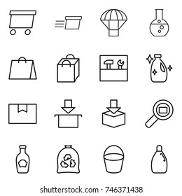 thin line icon set : delivery, parachute, round flask, shopping bag, tools, cleanser, package box, cargo search, ketchup, garbage, bucket