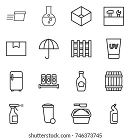 thin line icon set : delivery, round flask, box, tools, package, dry cargo, pallet, uv cream, fridge, spices, ketchup, barrel, sprayer, trash bin, washing powder, toilet cleanser