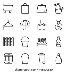 thin line icon set : delivery, shopping bag, cleanser, loading crane, dry cargo, package, chemical, pallet, bucket, spices, ketchup, barrel, trash bin