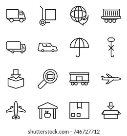 thin line icon set : delivery, cargo stoller, truck shipping, car, dry, do not hook sign, package, search, railroad, plane, airplane, warehouse