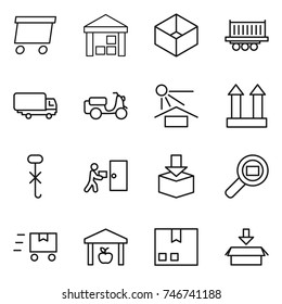 thin line icon set : delivery, warehouse, box, truck shipping, scooter, sun potection, cargo top sign, do not hook, courier, package, search, fast deliver