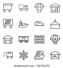 thin line icon set : delivery, truck, parachute, warehouse, sea shipping, car, loading crane, railroad, pallet, fast deliver, handwheel, cruise ship