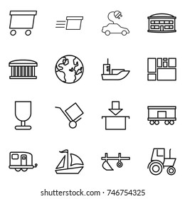thin line icon set : delivery, electric car, airport building, globe, sea shipping, consolidated cargo, fragile, trolley, package, railroad, trailer, sail boat, plow, tractor